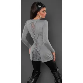 Edler Damen Feinstrick Longpullover mit feiner Spitze Grau