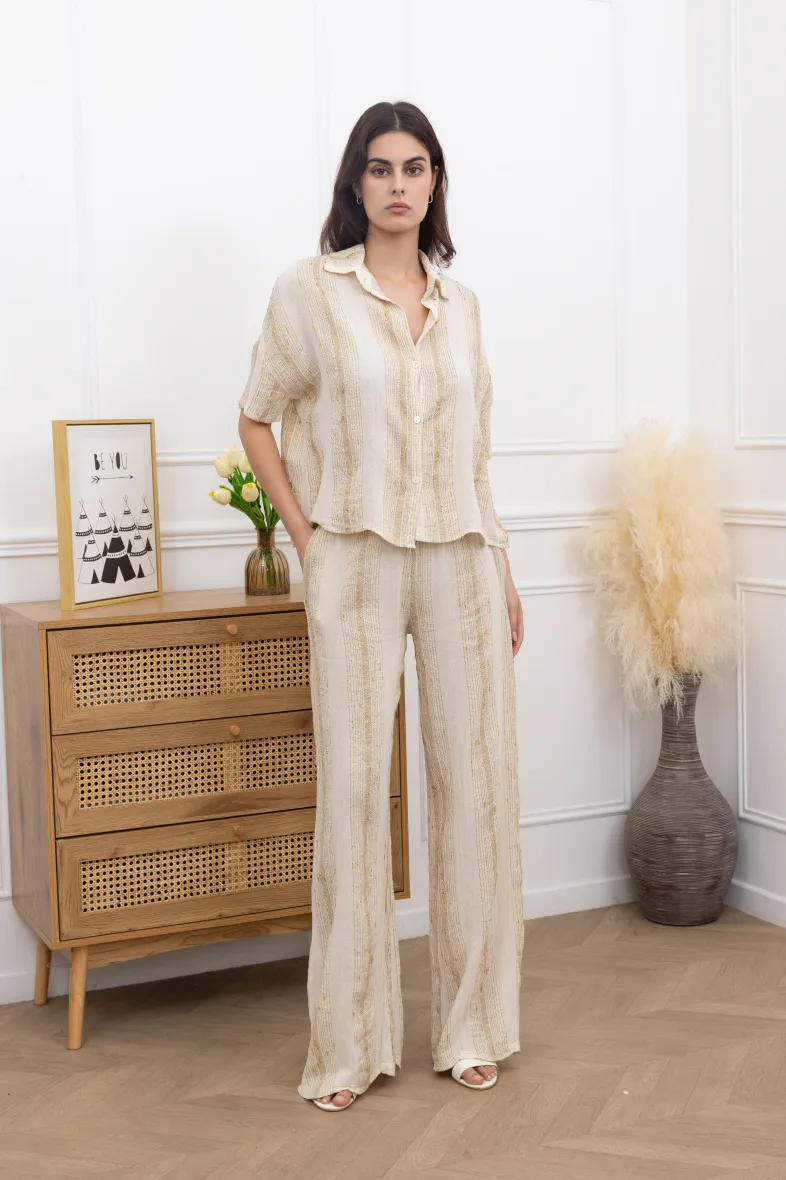 Fließende Hose mit goldenen Details aus Baumwollleinen