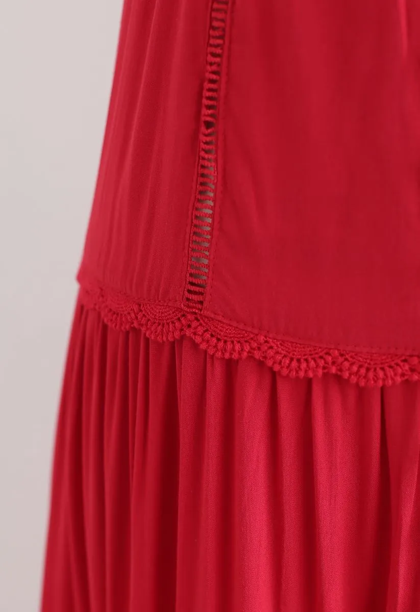 Häkelnde Verzierungen Ärmelloses Maxikleid mit Knopfleiste in Rot