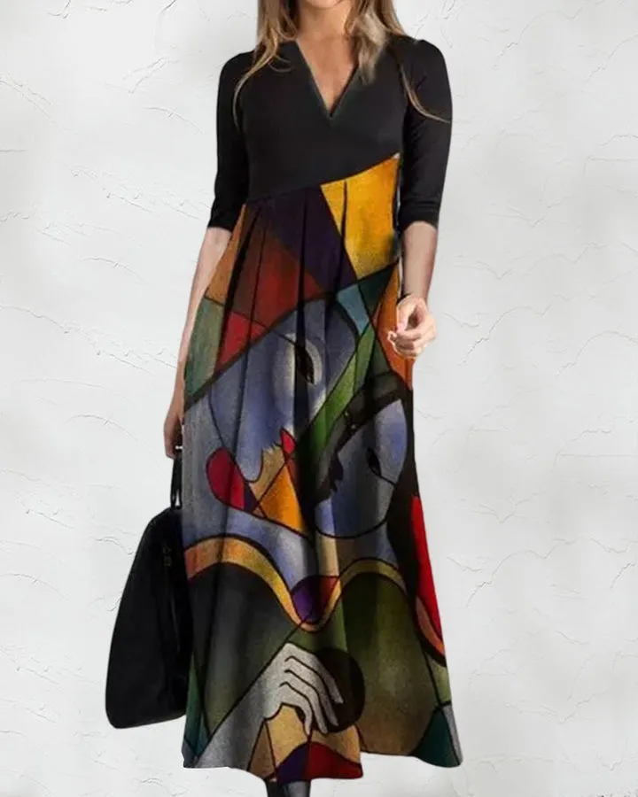 Langärmliges Maxikleid im Farbblockdesign