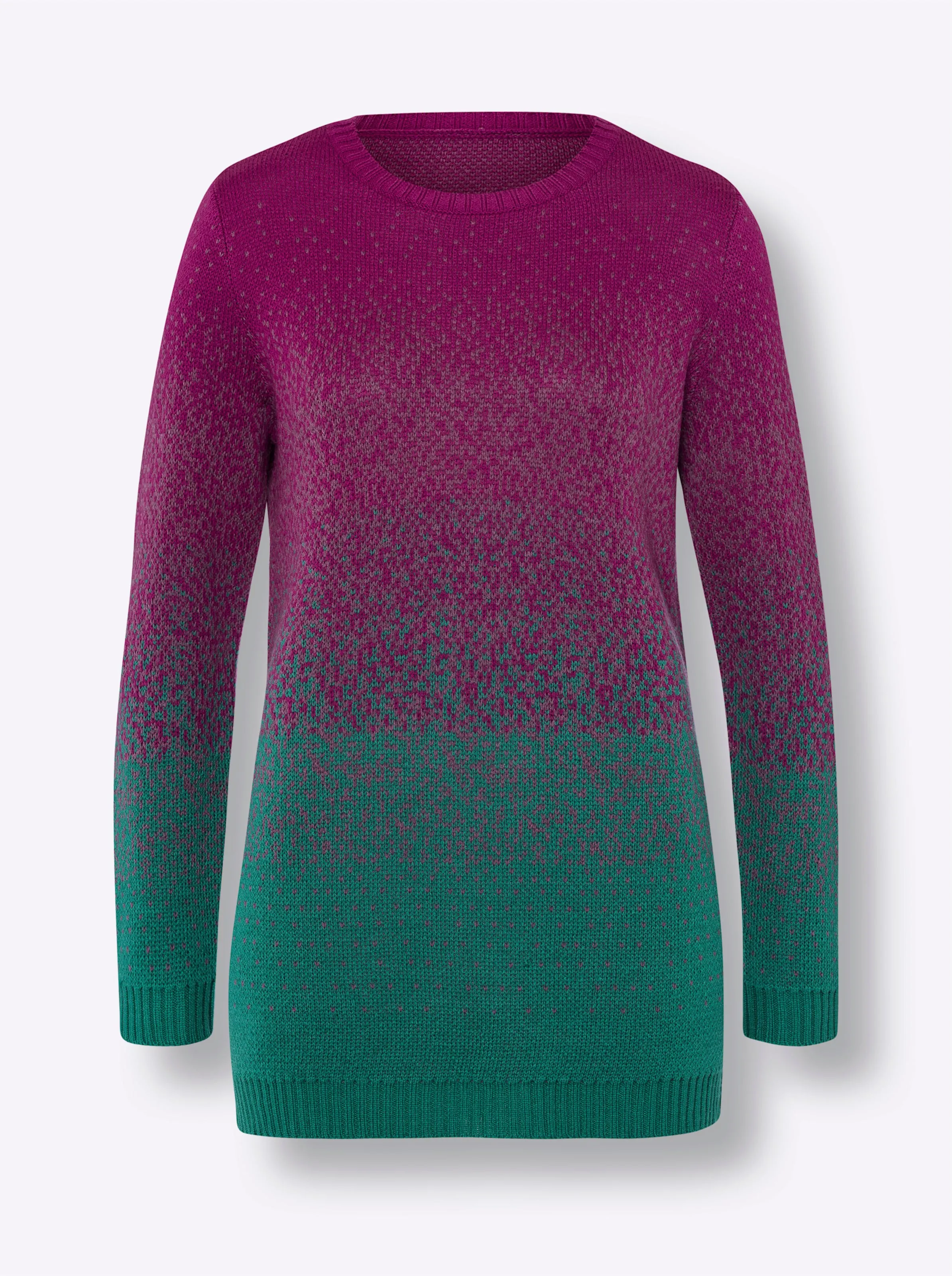 Longpullover in magenta-smaragd-gemustert