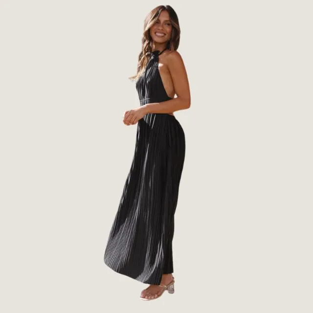 Plissiertes Maxikleid mit Neckholder und Schleife hinten
