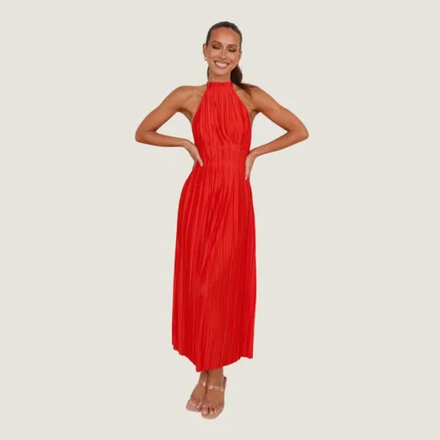 Plissiertes Maxikleid mit Neckholder und Schleife hinten