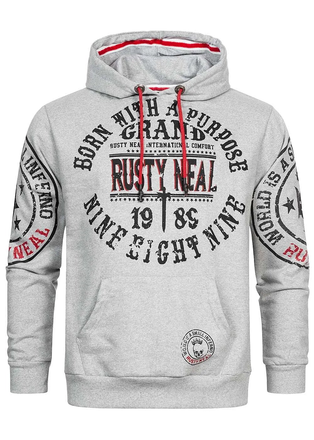 Rusty Neal Herren Hoodie im Kängurutasche und Logo Print grau